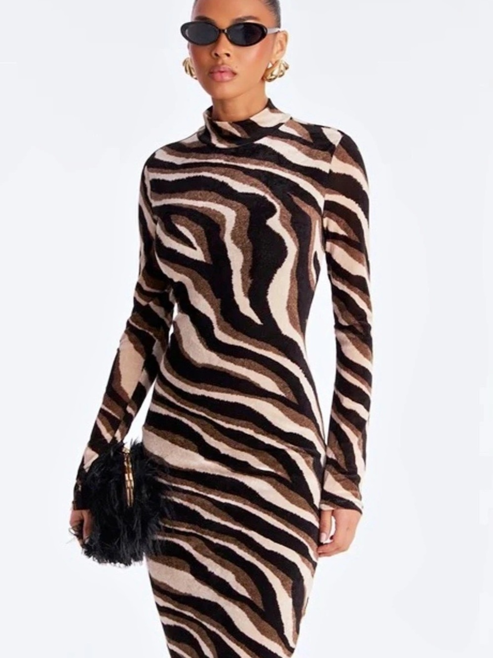 PrettyLittleThing Zebra Print Devore High Neck Draped Midi Dress